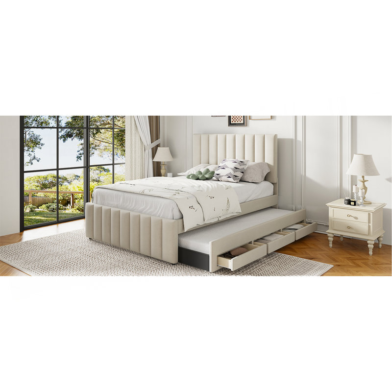 Lit plateforme double tapissier avec gigogne simple et 3 tiroirs, tissu en lin, beige, Beige