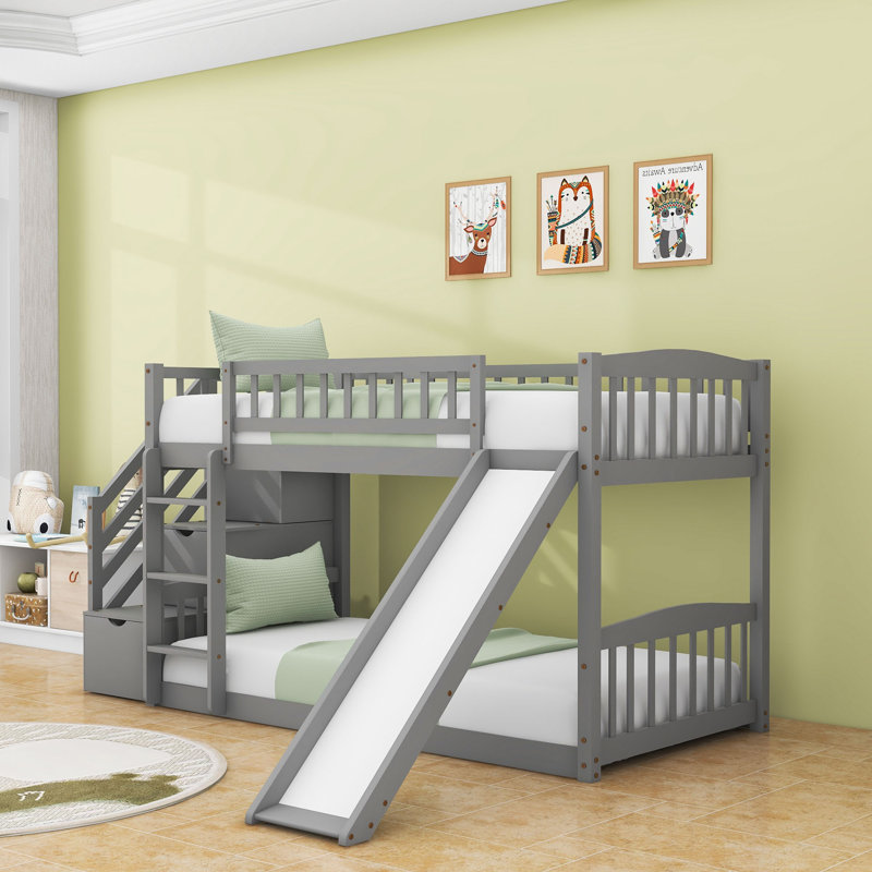 Twin Over Twin Wooden Bunk Bed With Slide And Staircase Storage, Gray