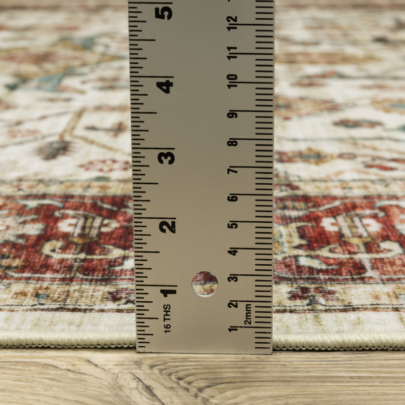 Silas Vintage Bordered Traditional Ivory/Red Washable Area Rug Mat, Runner 2' x 8'