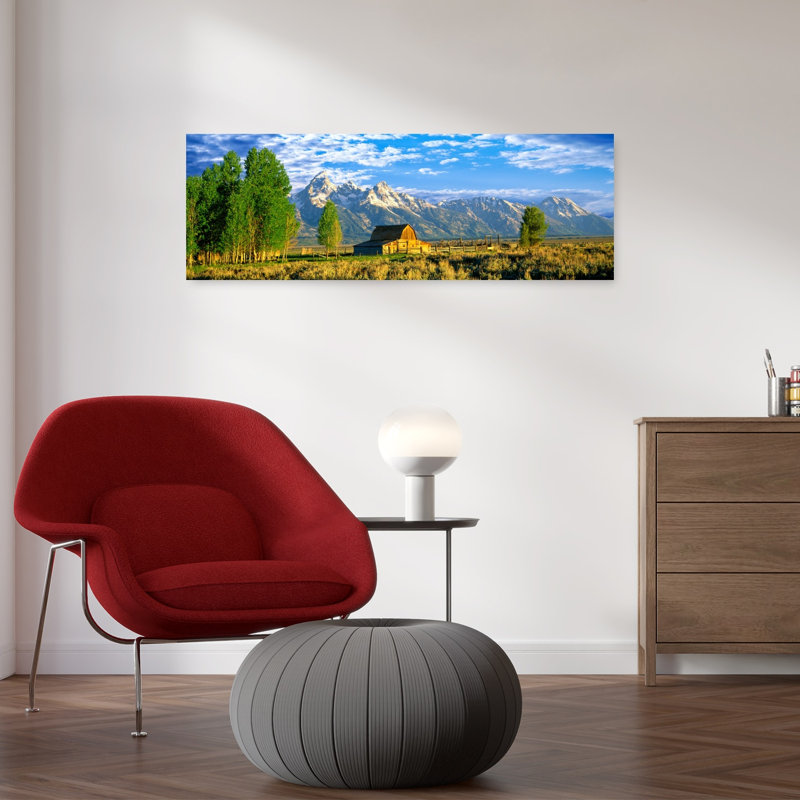 Sunrise Over The Moulton Barn Along Mormon Row Teton Range Mormon Row Historic District Grand Teton National Park Wyoming USA by Leo L. Larson - Wrapped Canvas Panoramic Print