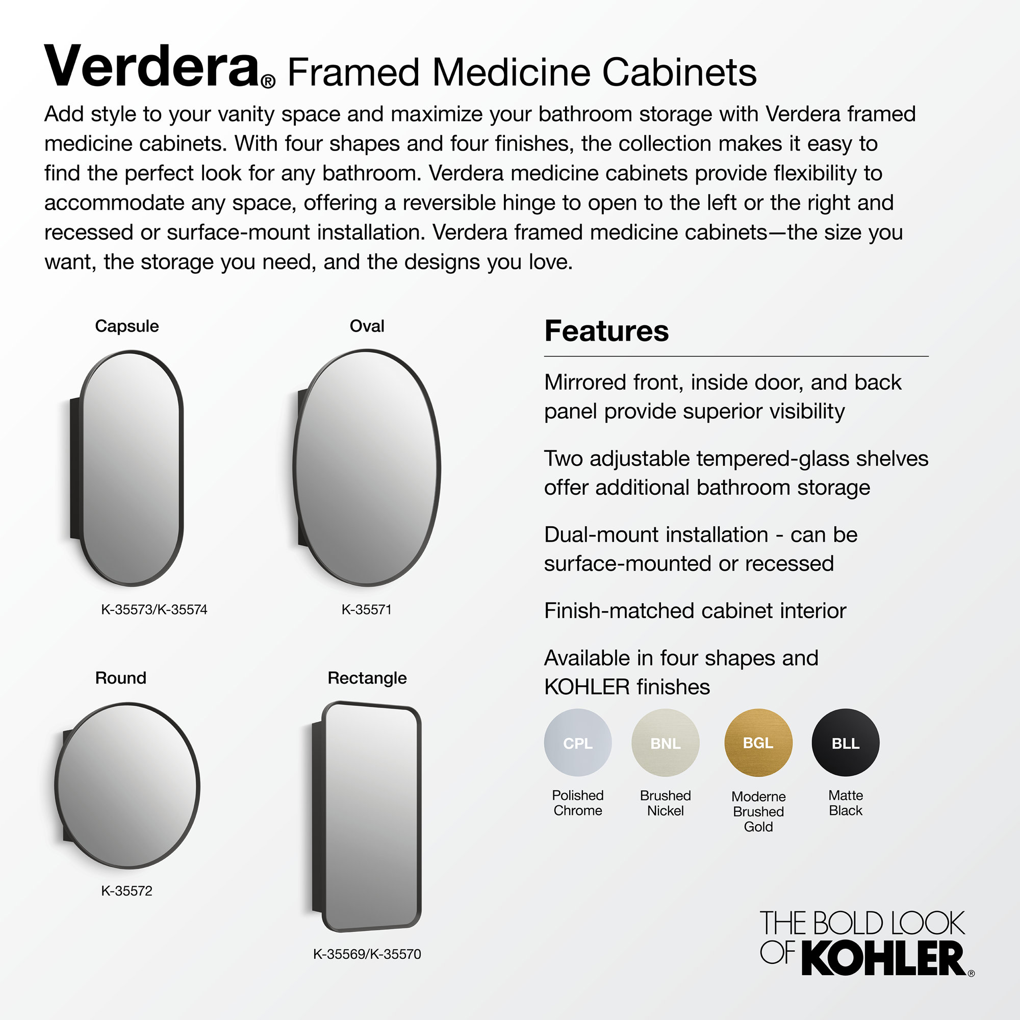 Verdera 24 in x 34 in Oval Framed Medicine Cabinet, Surface Mount or Recessed, Brushed Gold