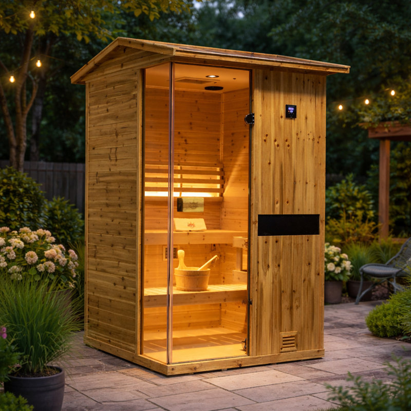 Samsora Outdoor Traditional Steam Sauna For 2-Person 2500W, Negative Ion Board, Mid-Infrared Lamp, 95℉-230℉, Old Fir Wood, Bluetooth Speaker, with Sauna Heater and Sauna Stone