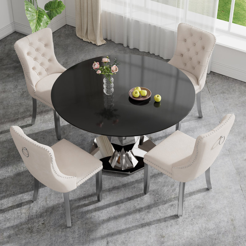 Ensemble de salle à manger rond de luxe avec chaise capitonnée, H 30 po x L 47 po x l 47 po, Beige, Argent argent