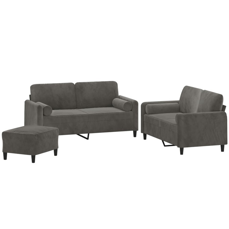  Ensemble de canapé 3 pièces avec coussins décoratifs et velours gris foncé