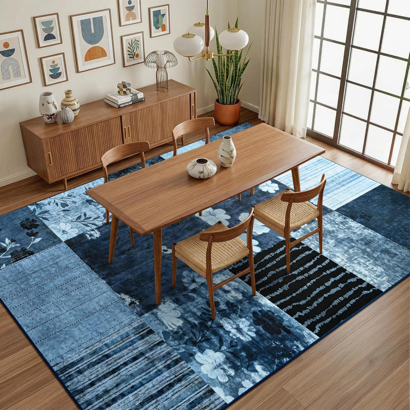 Tapis à imprimé géométrique antidérapant, Bleu, Rectangle 6 pi x 9 pi