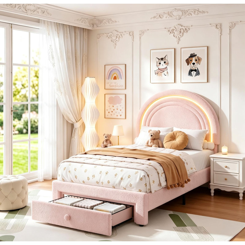 Lit plateforme avec tête de lit arc-en-ciel, sommier à lattes en bois, sans sommier tapissier, montage facile, rose, cadre de lit double capitonné et éclairage DEL intégré avec tiroir de rangement. Montage facile, sans sommier tapissier.