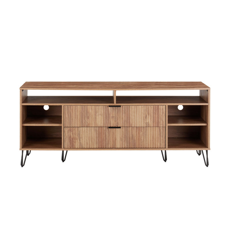 Golden Brown Mid-Century Modern TV Stand with Cabinet and Shelves