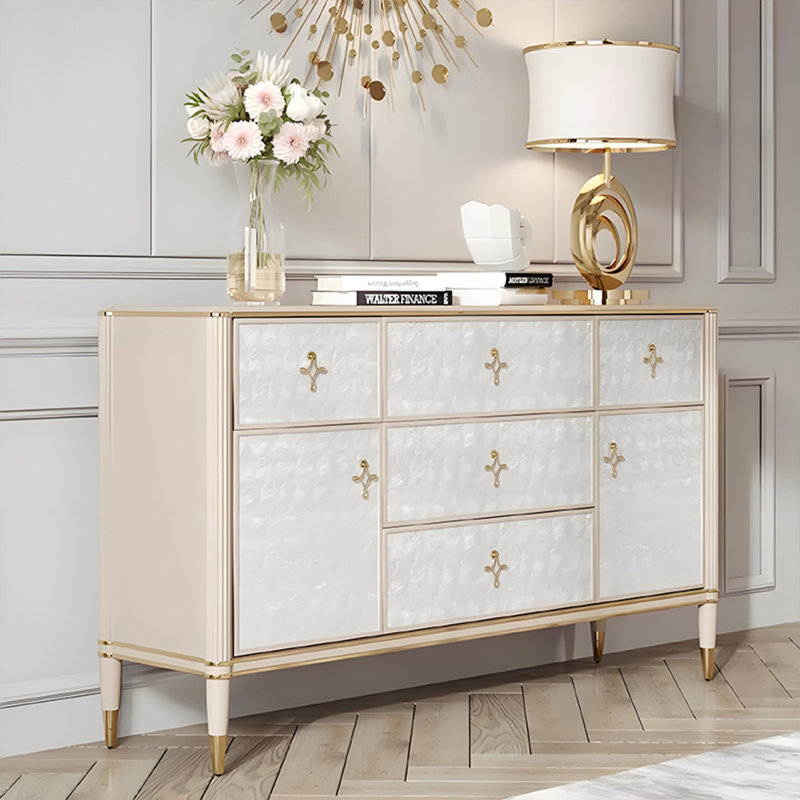 Commode 5 tiroirs 78,74 po en bois massif de luxe moderne avec incrustations de coquillages, buffet de maison et armoire d'entrée