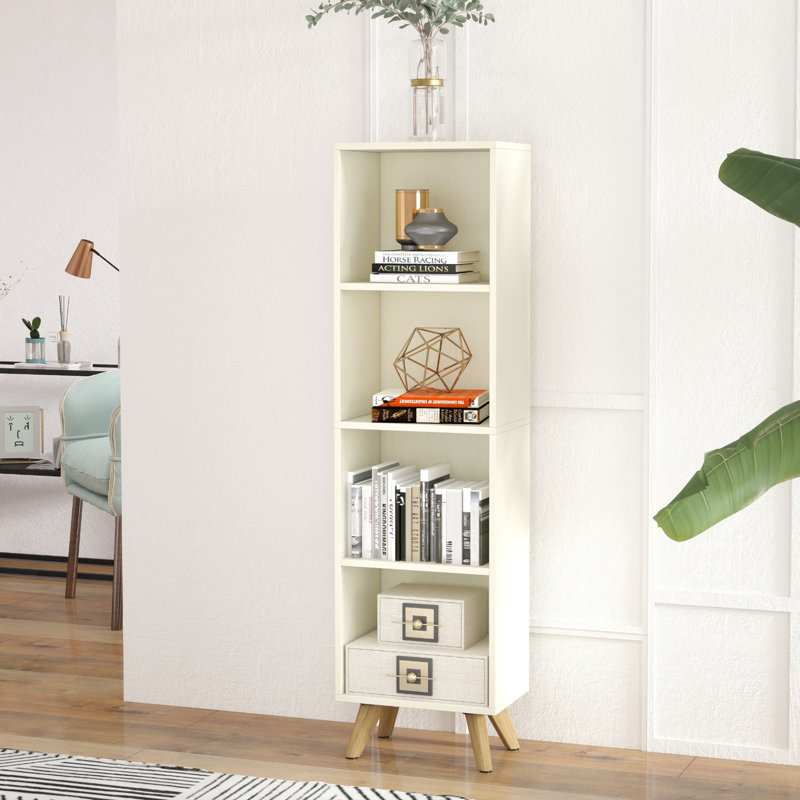 Ronald 4-Shelf Bookcase Cabinet with Adjustable Shelves and Solid Wood Legs, White, 52.95"H x 14.57"W x 9.45