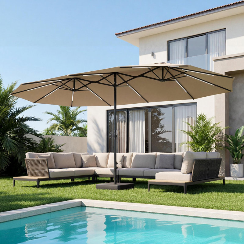 Parasol de patio rectangulaire 15 pi avec lumières DEL, Brun