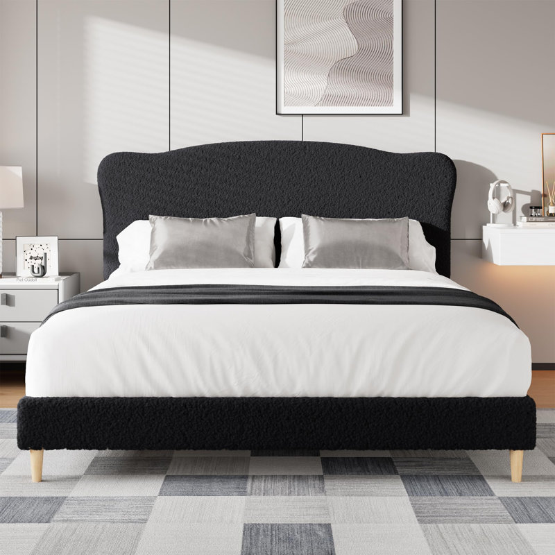 Upholstered Queen Size Bed Frame with Headboard, Soft Low Profile Sturdy Platform Bed, Heavy Duty, Wooden Slats, Black