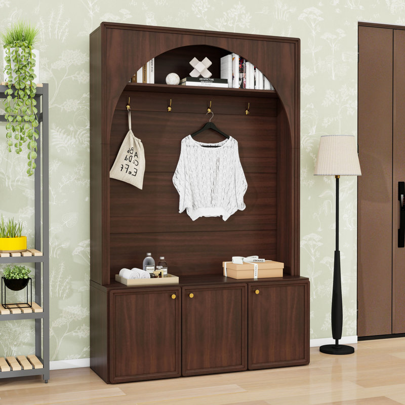 Wooden Hall Tree with Storage Bench, Cabinets, Hooks and Adjustable Shelving, Walnut
