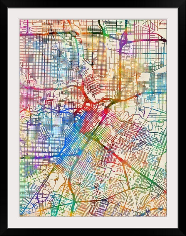 «Houston Texas City Street Map» par Francy, impression, l 44 po x P 35 po x H 1 po, Cadre noir