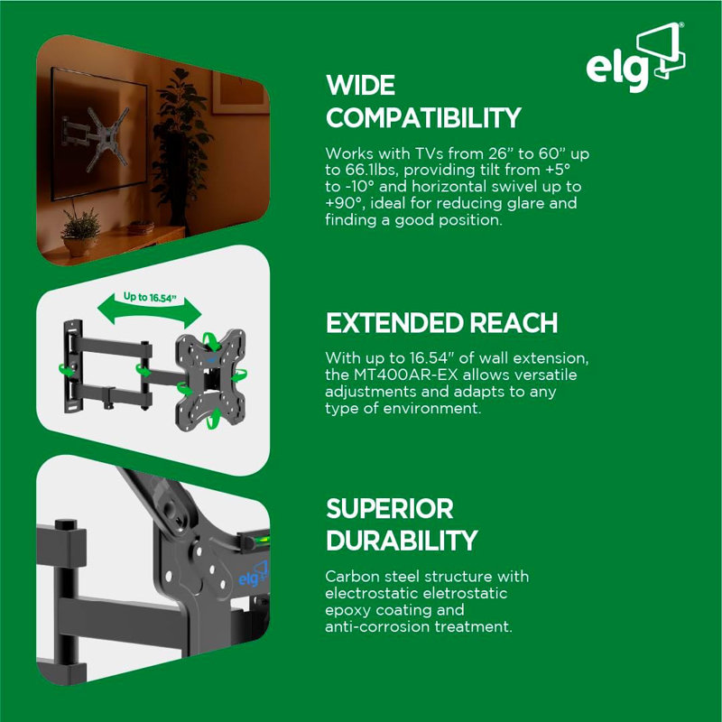 Support mural articulé ELG pour téléviseurs de 26 à 60 pouces, fixation par un seul montant, extension de 42 cm, inclinaison +5°/-10°, rotation à 90°, VESA 400×400, charge maximale 30 kg, préassemblé, acier au carbone, gestion des câbles, MT400AR-EX, noir