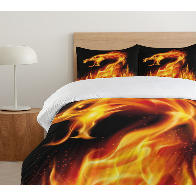Fiery Dragon Black and Orange Microfiber Queen Duvet Set
