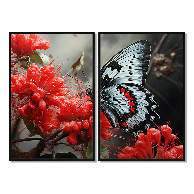 Art mural papillon rouge et gris Haven II, Noir, H 36 po x l 48 po, Reproduction encadrée sans passe-partout