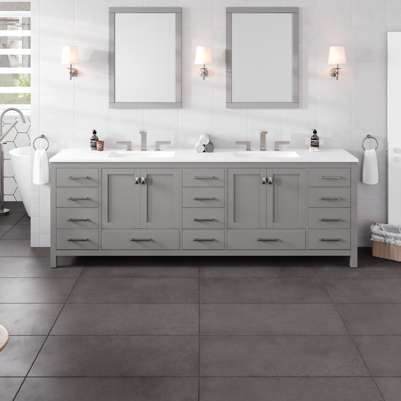 Erma 96 In. Gray Double Sink Bath Vanity With Carrara Quartz Top And Undermount Porcelain Sinks, Gray