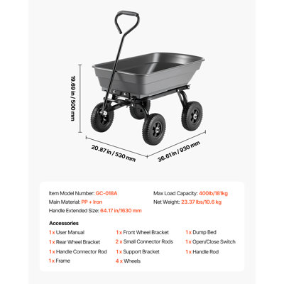 Garden Dump Cart, 400 lbs Poly Dump Cart, Garden Carts Dumps Wagon with 90° Quick-Dumps Mechanism, 180° Swivel Wheels, 270° Flexible Rotating Bearings, Yard Wagon for Plants, Soil, Crops