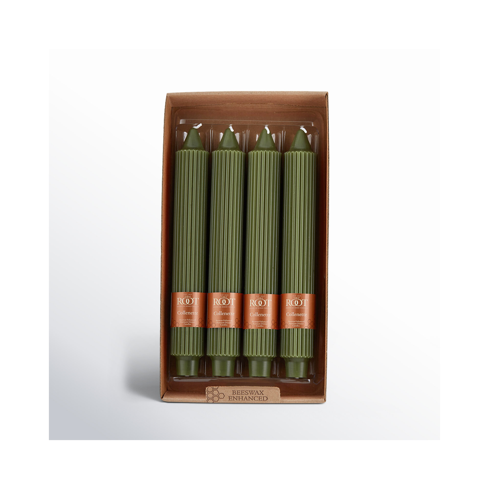 Grecian Collenette Unscented Taper Candle, Dark Olive, 9" H x 1.25" W x 1.25" D
