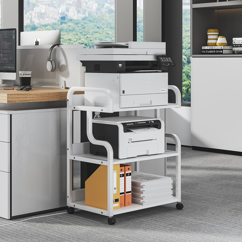 Grand support d'imprimante à 3 niveaux avec tablette de rangement pour prise de courant, chariot roulant avec roues, table d'imprimante pour imprimante 3D de bureau personnel