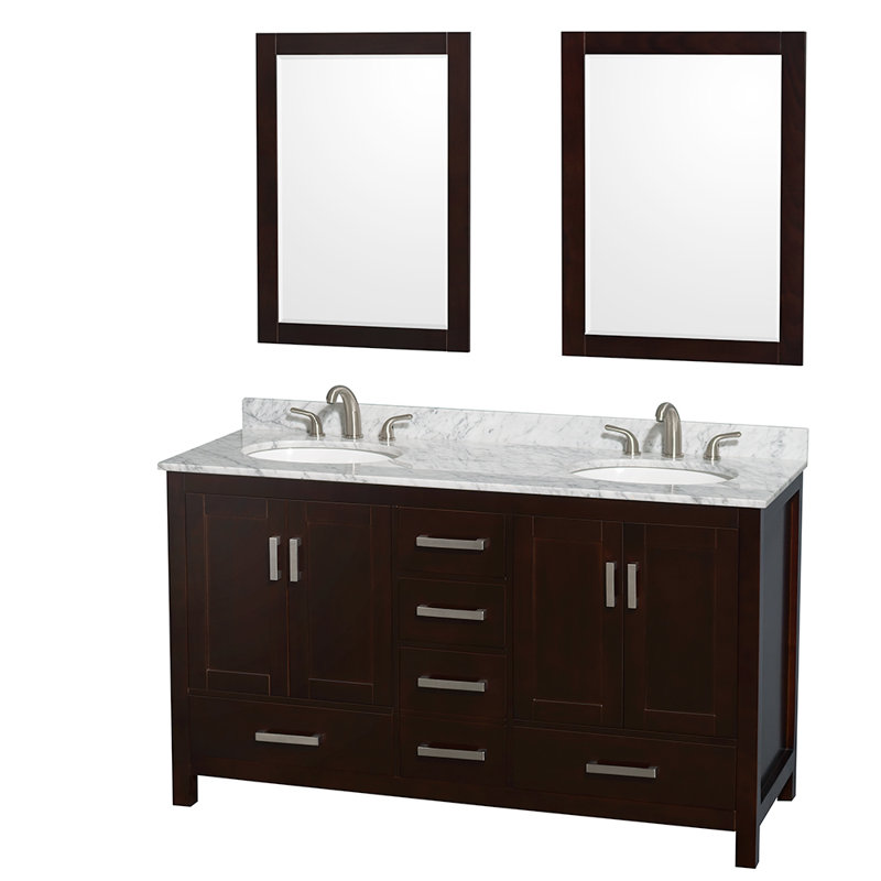 Meuble-lavabo double autoportant 72 po avec plateau en marbre Sheffield, Gris, 60" W, White Carrara Marble