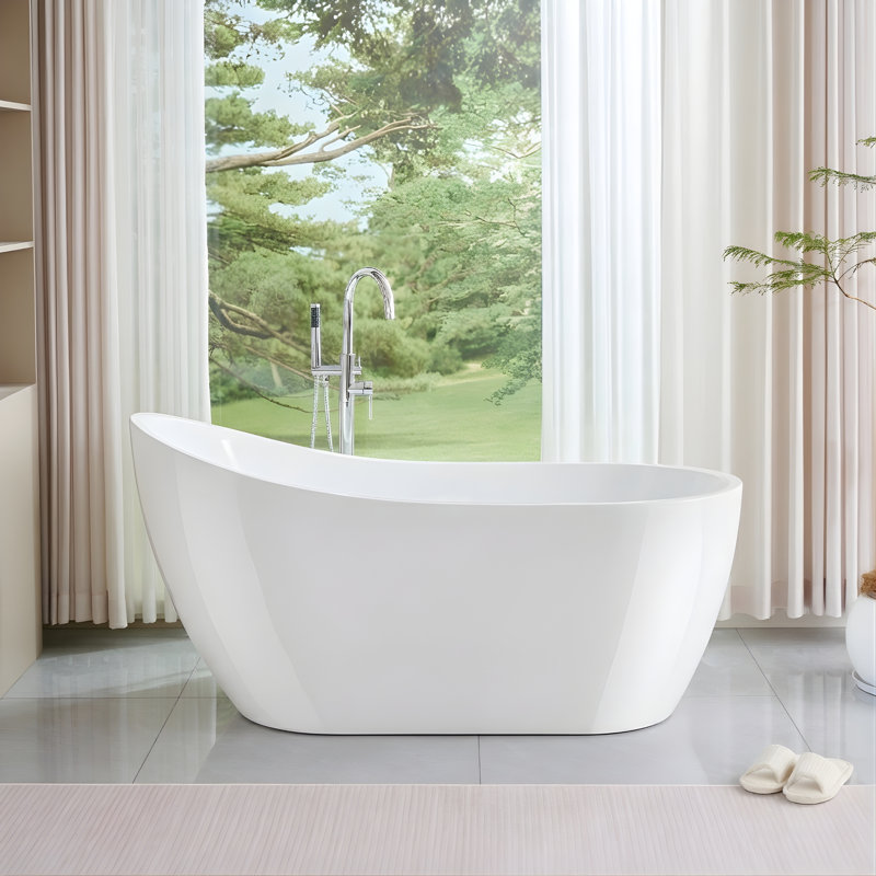 Amara Acrylic Freestanding Soaking Bathtub, White/Brushed Nickel, 28.37" H x 59" L x 28.37" W