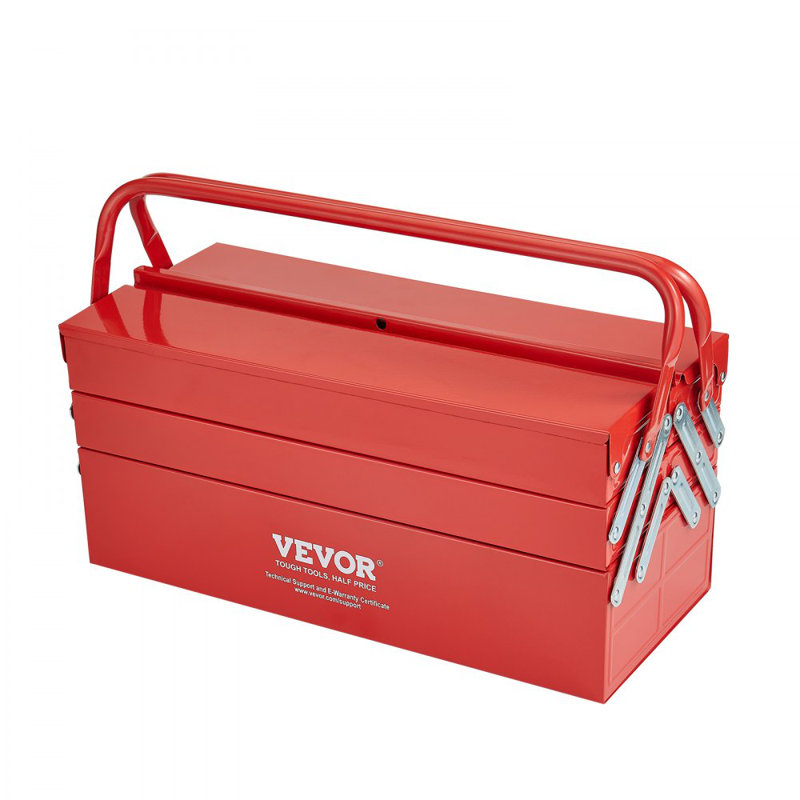 Coffre à outils en métal, 45,7 cm (18 pouces), 3 niveaux, 5 plateaux, pliable et portable, avec poignée et trou de verrouillage, en acier revêtu de poudre, de type porte-à-faux, pour la maison, l'usine, l'entrepôt ou l'atelier de réparation, rouge.