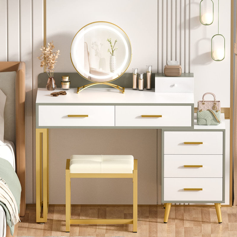 Grosmark Makeup Vanity Desk with Stool and LED Mirror, White/Light Green/Gold