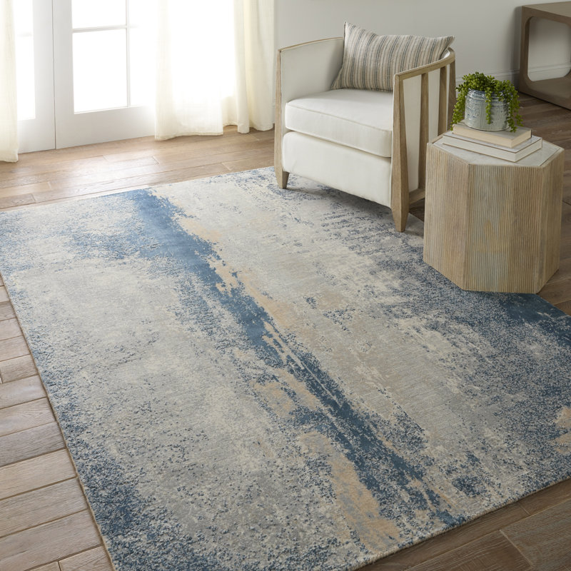  Tapis rectangulaire bleu / gris en laine / viscose tissé à la machine, Rectangle 5 pi 3 po x 7 pi 6 po