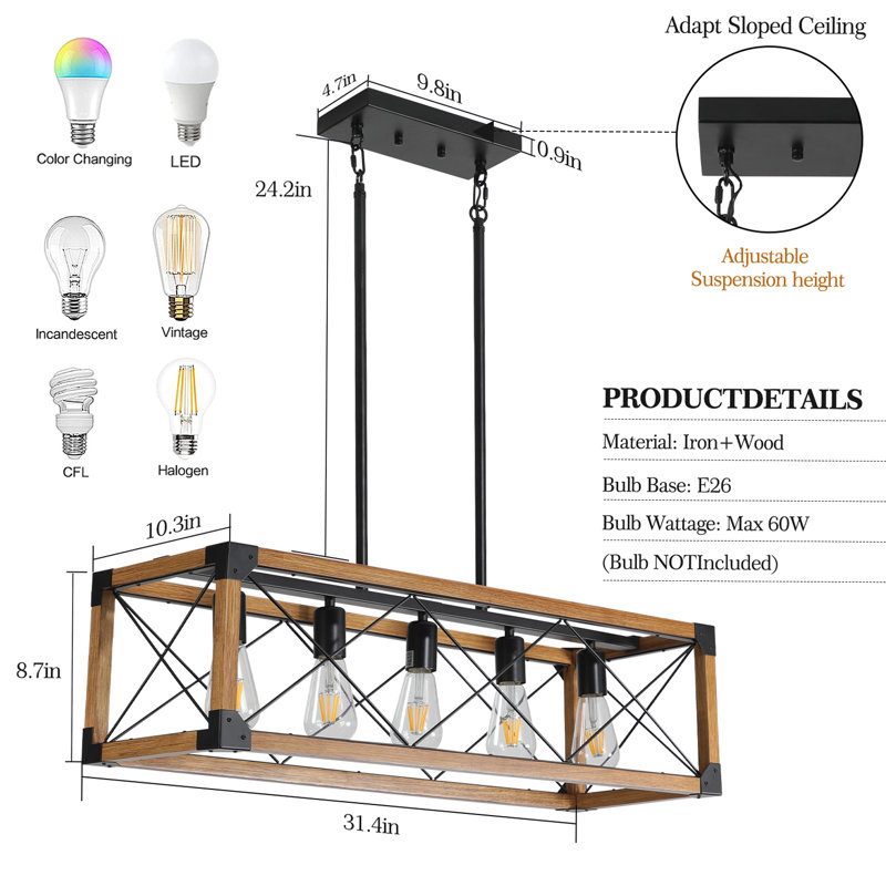 Luminaire suspendu pour îlot de cuisine 5 lumières, Noyer