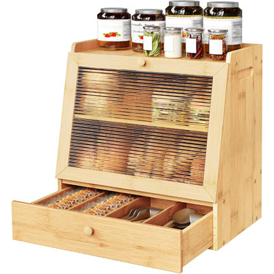 Bread Box, Bamboo Bread Box Storage Container With Drawer, Kitchen Countertop Food Storage Box With 2-Tier Storage, Storage Box With Acrylic Door, For Food Storage, Natural