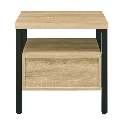 1 table d'appoint en chêne et noir - attrait rustique pour l'intérieur des bureaux, pieds en métal, panneau de particules et fabrication en bois composite avec tiroir