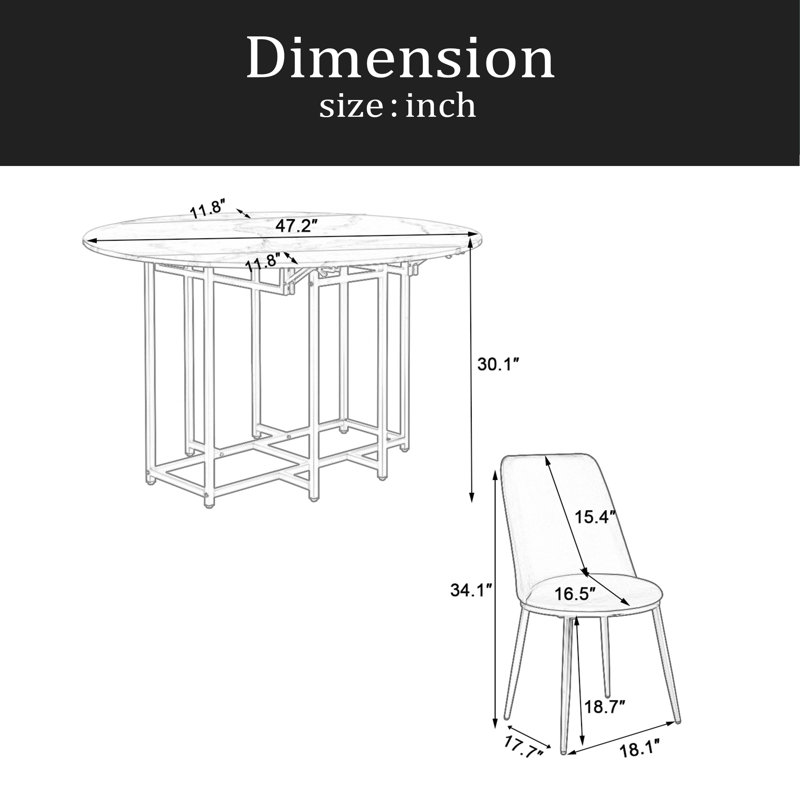 Ensemble de table de salle à manger extensible 5 pièces pour petits espaces - plateau rond en faux marbre avec structure noire, 4 chaises rembourrées, conception pliable compacte
