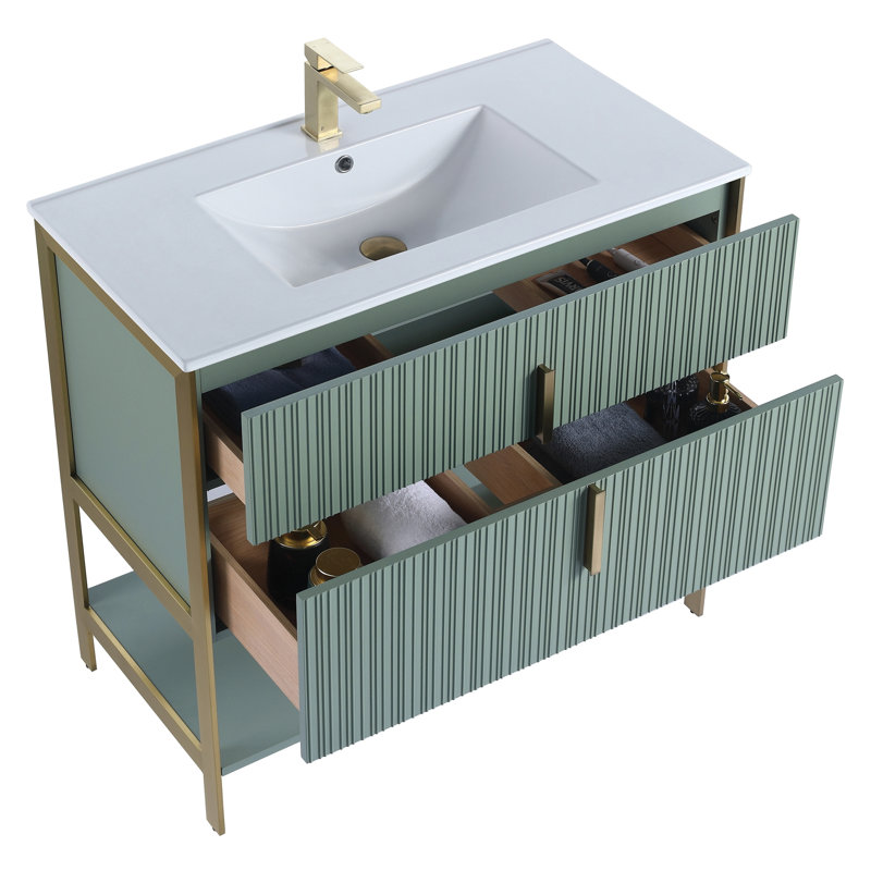  Serenity Modern Bathroom Vanity with White Ceramic Top, Brass/White