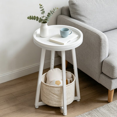Small Round Side Table, 2-Tier Sofa End Table, Compact Nightstand with Cotton Linen Storage Basket for Living Room, Bedroom, Dorm