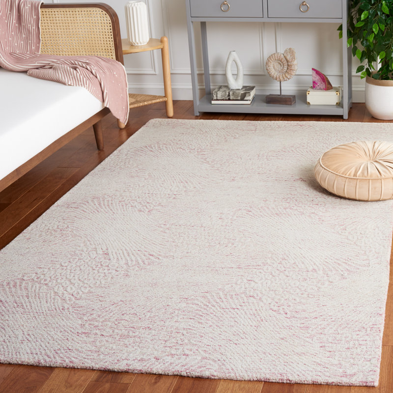 Tapis ivoire / rose en laine et coton touffeté à la main Mayreli, Rectangulaire 8 pi x 10 pi