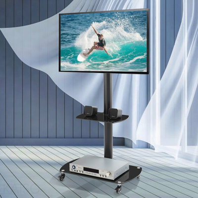 Plancher réglable en métal et verre trempé multifonctionnel avec roues verrouillables Meuble télé mobile, support pour téléviseur ACL / plasma 2 niveaux