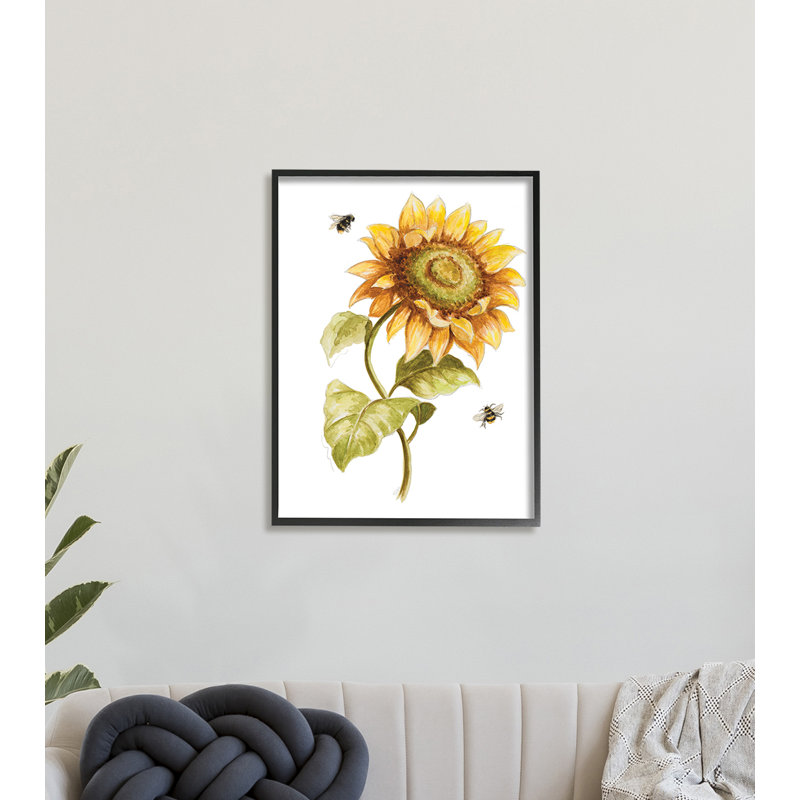 Minimal tournesol floral abeilles en vol - Peinture, H 30 po x l 24 po x l 1,5 po, Giclée encadrée noir minuit
