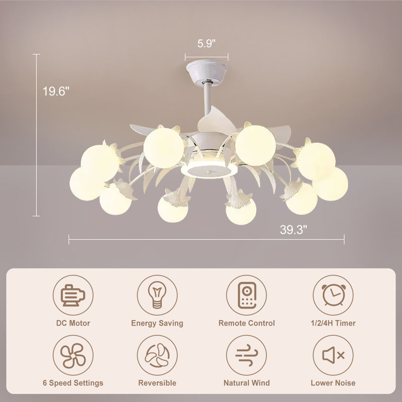 Ventilateur de plafond l 39,3 po avec lumière et télécommande, avec abat-jour sphérique laiteux, Blanc