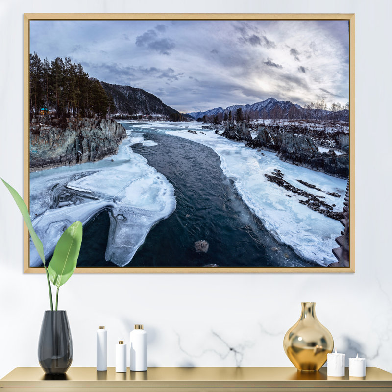 «Cold Mountain River At Winter Sunny Day», reproduction d'art sur toile traditionnelle, H 12 po x l 20 po