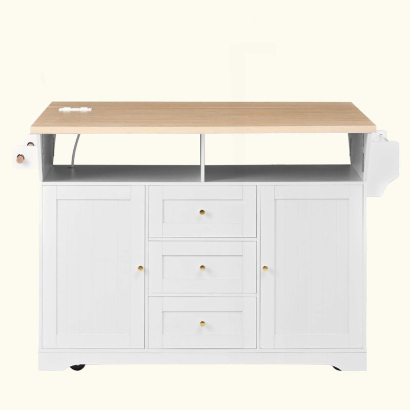 Chariot multifonctionnel pour îlot de cuisine avec prise standard américaine, armoire de rangement mobile à 5 roues, plateau supérieur épais de 1 pouce avec manuel clair et vidéo d'installation