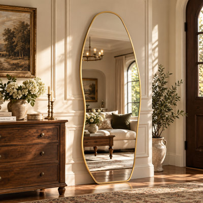 Irregular Full Length Mirror, Modern Asymmetrical Floor Mirror with Stand, Freestanding & Wall-Mounted Dressing Mirror