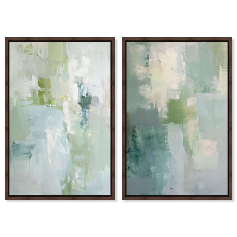 «Mossy Patches Duo», ensemble de décorations murales sauge sur toile par Art Remedy, H 16 po x l 11 po, Cadre argenté