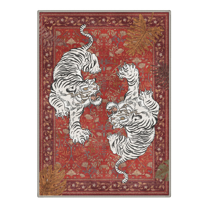Teiarra Tiger Print Machine Washable Area Rug With Non-Slip Backing, Rectangle 9' x 12', Red