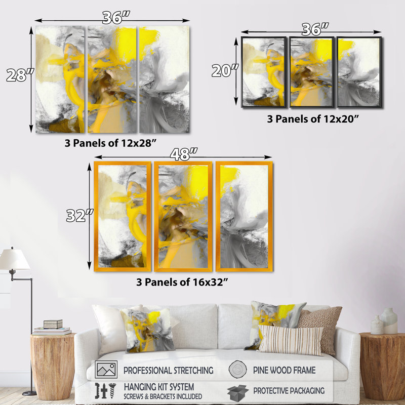 Moutarde jaune et gris vif I - 3 pièces sur toile, Toile encadrée noire, H 28 po x l 36 po x P 1 po