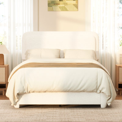 Boucle Full Bed Frame with Adjustable Height Headboard, Modern Platform Bed with Curved Cloud Headboard, Elegant Boucle Fabric Low Profile Platform Bed, No Box Spring Needed, Easy Assembly, White