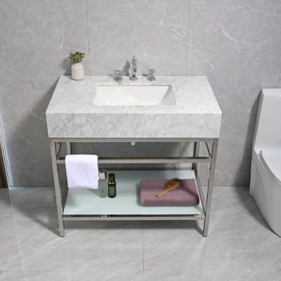 36" Natural Carrara Marble Console Bathroom Vanity with Sink, Silver Stainless Steel Frame and Glass Shelf