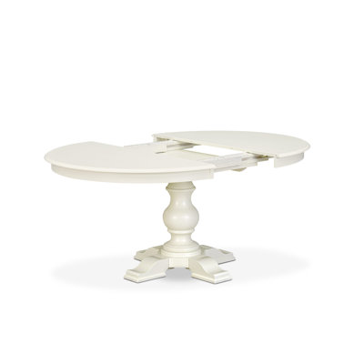Ensemble de table de salle à manger 7 pièces composé d'une table de salle à manger avec rallonge et base piédestal, 6 chaises rembourrées en tissu de lin à dossier en lattes, 48 po x 66 po, finition lin blanc