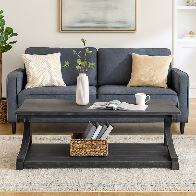 Modern Rectangular Coffee Table With Open Shelf, Waterproof Top & Curved Wood Legs, Black