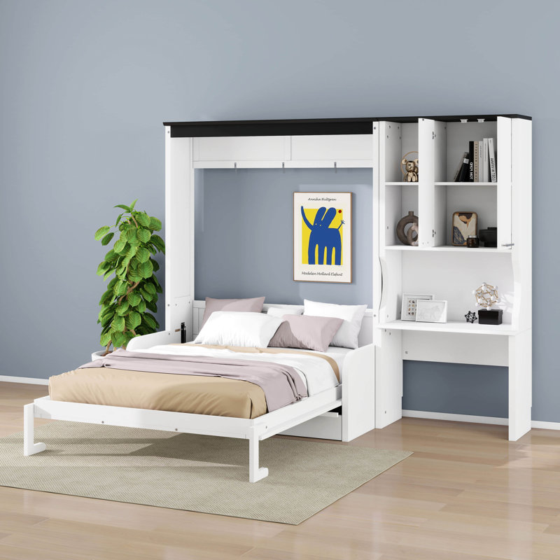 Lit escamotable double pleine grandeur avec canapé, bureau et armoire de rangement, lit escamotable mural en bois massif